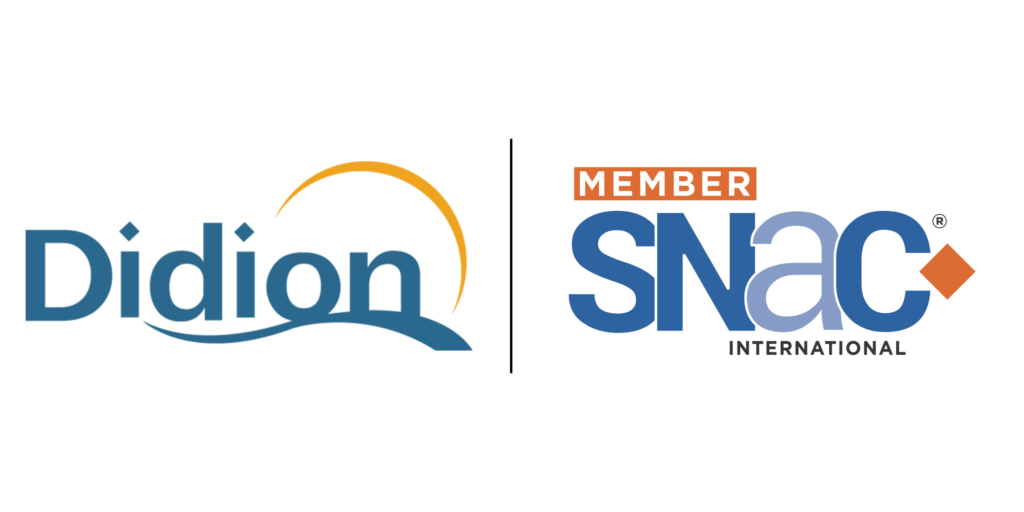 Logos for Didion and SNAC International. The Didion logo has blue text with a yellow arc above the i. The SNAC logo has blue and orange text with MEMBER and INTERNATIONAL included.