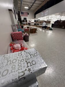 gifts lined up along wall