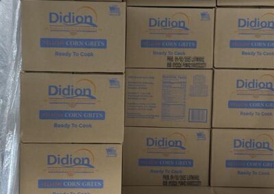 Didion corn grit boxes ready for distribution at Second Harvest