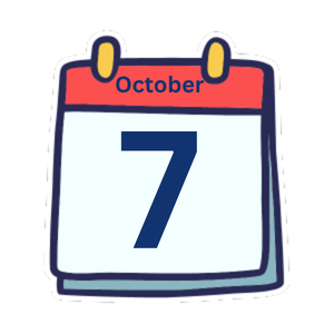 A cartoon-style calendar page showing October at the top and the number 7 in large, bold blue text in the center.