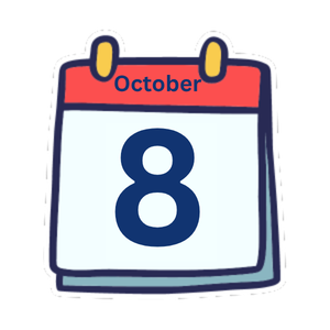 Cartoon-style calendar page showing October 8 with a large number 8 and red header.