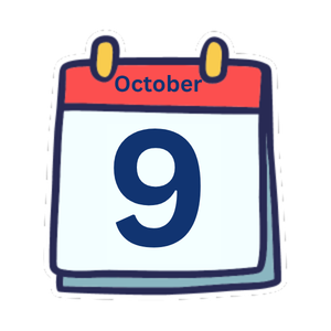 A cartoon-style calendar page showing the date October 9 in bold blue numbers with a red header.